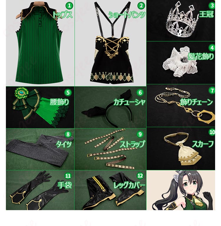 サトノクラウンコスプレ衣装セット内容 | トップス、ショートパンツ、アクセサリー等、全てのセット内容を紹介。