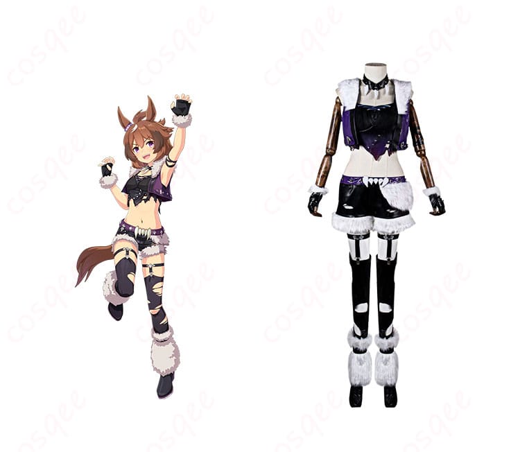 商品正面とシンコウウインディのキャラクター画像が一緒に映ったコスプレ衣装の写真。ウマ娘 コスプレ衣装の特徴がよくわかります。