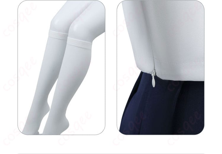 コスプレ衣装の靴下とスカートの衣装チェーンのディテール。衣装の統一感が際立っています。