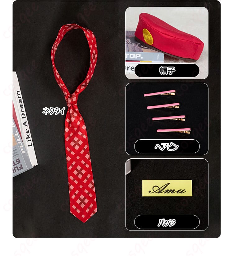 服のアクセサリー内容画像 - しゅごキャラ! コスプレ衣装のアクセサリー全体。ヘアピンやバッジなどが含まれています。