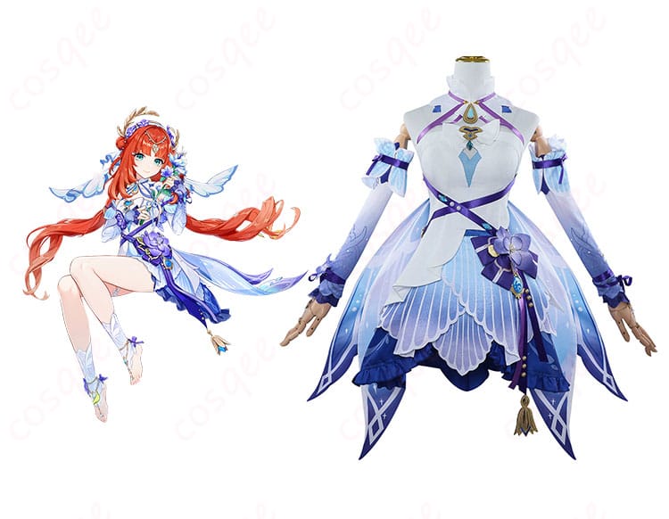 原神 ニィロウ コスプレ衣装 東風はこぶ花の吐息 正面とキャラクターのイメージ画像。高忠実再現のディテールで、ニィロウの魅力を完璧に表現。