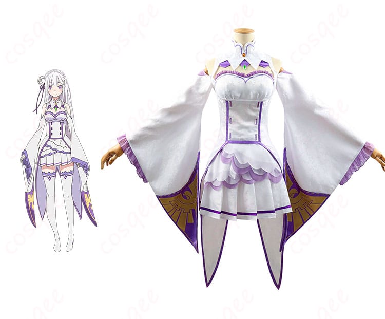 商品正面とエミリアのキャラクターイメージを組み合わせたコスプレ衣装の写真。リゼロ エミリア コスプレ衣装
