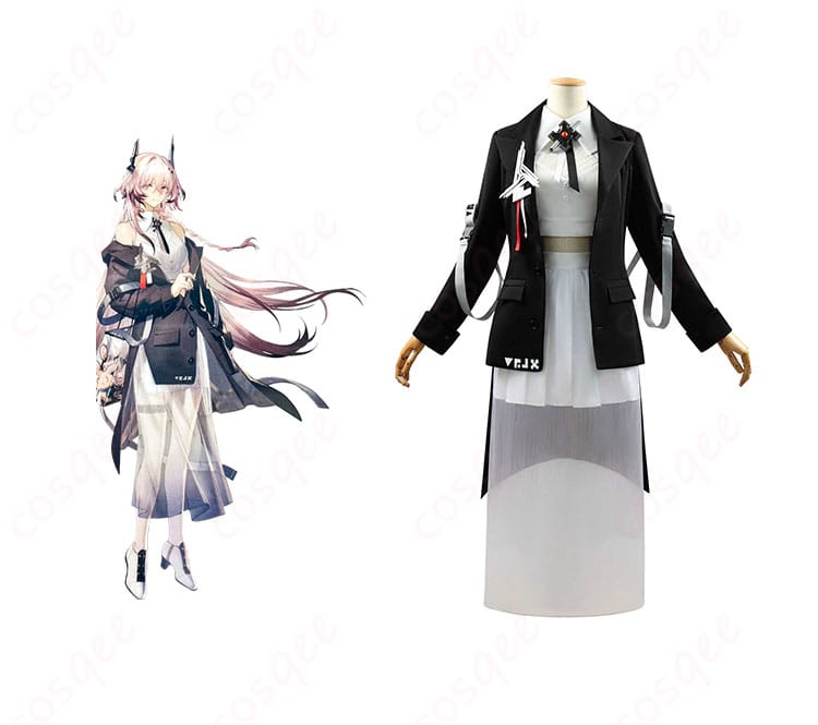 アークナイツ テレジア コスプレ衣装 正面とキャラクターの組み合わせ写真。高精度再現のコスプレ衣装で、イベントや撮影に最適。