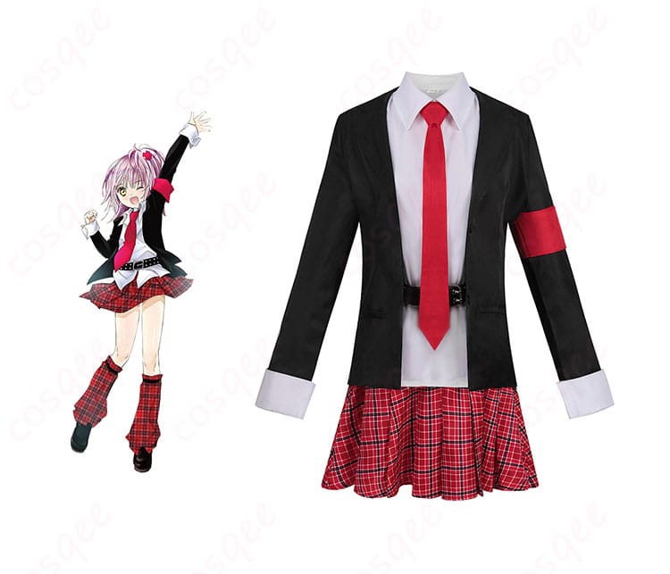 商品正面とキャラクターが一緒に写ったコスプレ衣装の画像。しゅごキャラ! 日奈森あむ コスプレ衣装の正面ビュー。忠実再現された制服デザインで、コスプレイベントに最適。