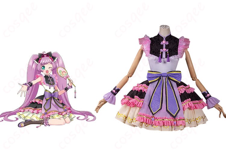 真中らぁらのコスプレ衣装、アイドルランドプリパラのキャラクターと合わせた正面画像。コスプレ衣装の詳細なデザインがわかります。
