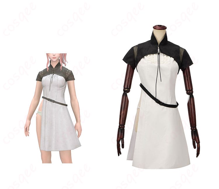 ファイナルファンタジーXIV ミコッテ コスプレ衣装 正面とキャラクターの組み合わせ写真。細部まで忠実に再現されたコスプレ衣装をチェック!