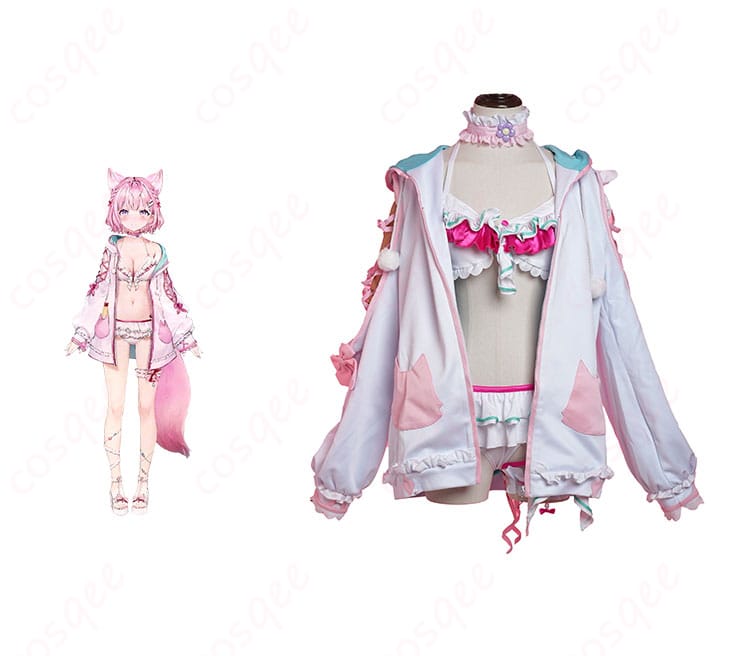 商品正面とキャラクター人物の組み合わせ画像 – ホロライブ博衣こよりのパーカー水着衣装。キャラクターと衣装の忠実再現。