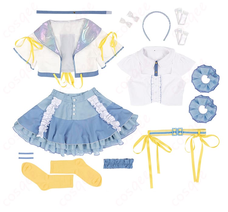 セット内容を展示した画像、藤田ことねコスプレ衣装の全アイテムを紹介。