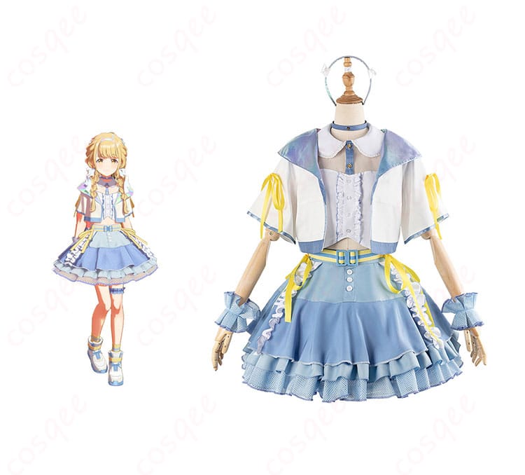 学園アイドルマスター「藤田ことね」コスプレ衣装の正面とキャラクターを合わせた画像。ファン必見の詳細なデザイン。