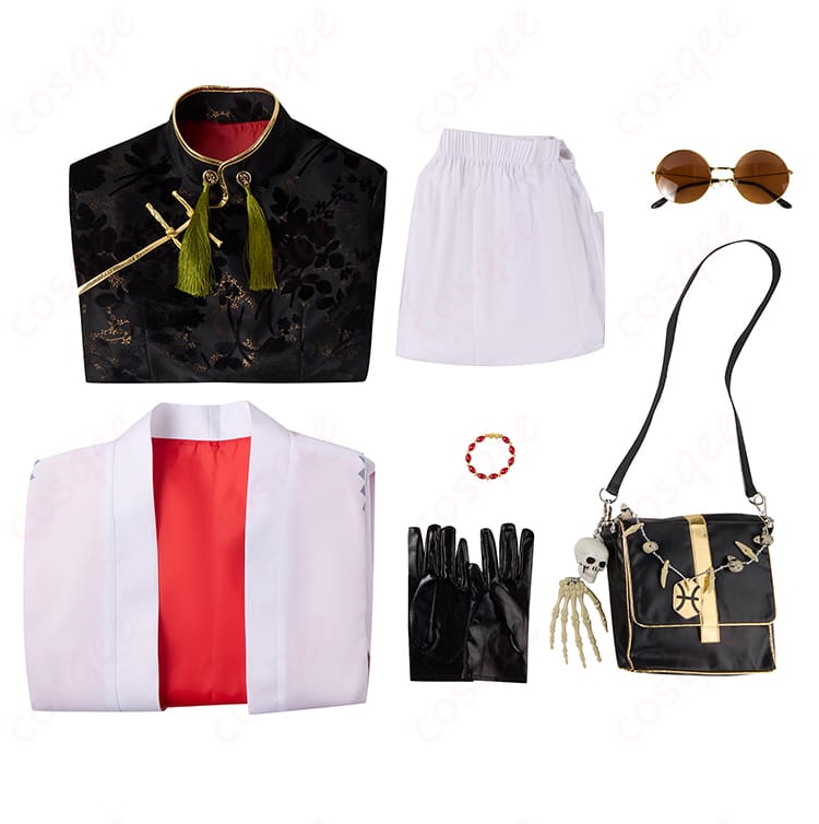 テスカトリポカ コスプレ衣装 セット内容を展示。コート、ズボン、ポーチなど全てのアイテムが揃った画像。