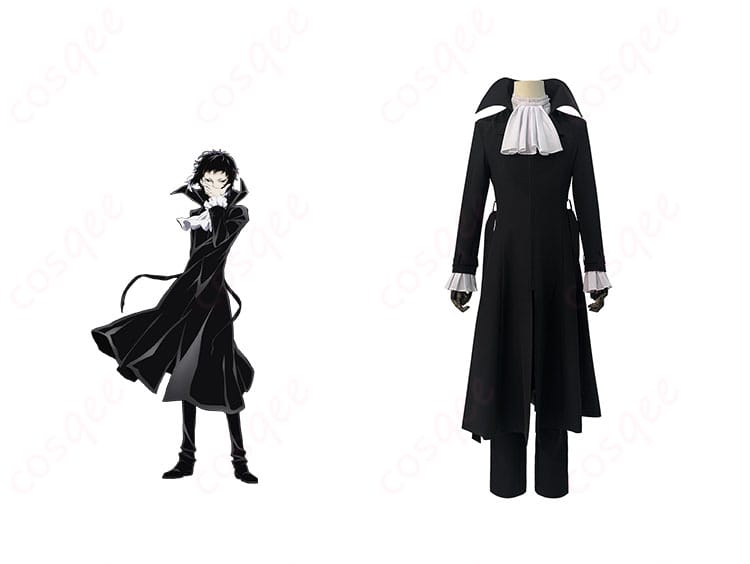 文豪ストレイドッグス 芥川龍之介のコスプレ衣装の正面とキャラクターを比較した画像。リアルな再現度に注目!