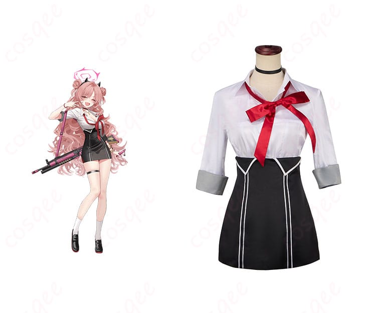 ブルーアーカイブの夜桜キララコスプレ衣装の正面とキャラクターの合成画像。衣装のディテールとキャラクターの特徴が忠実に再現されています。