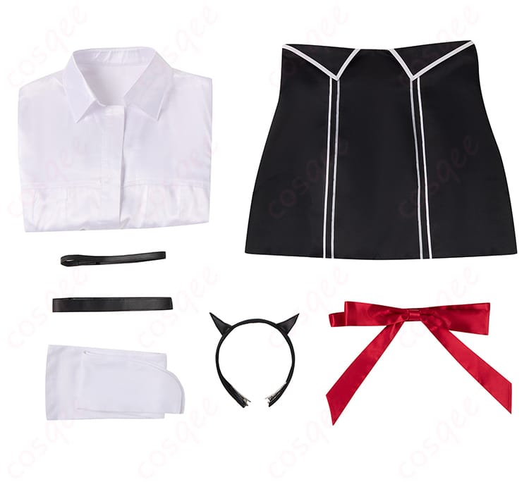 ブルーアーカイブ夜桜キララコスプレ衣装のセット内容。シャツ、スカート、リボンなど、各アイテムが詳細に表示されています。