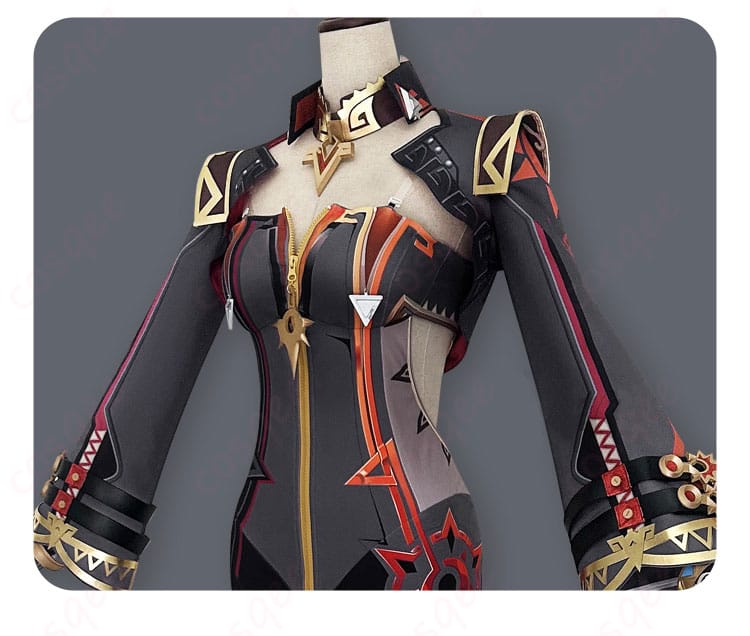 マーヴィカ 炎神 コスプレ衣装の上衣装飾の詳細画像。美しい刺繍と金色のデザインが特徴です。