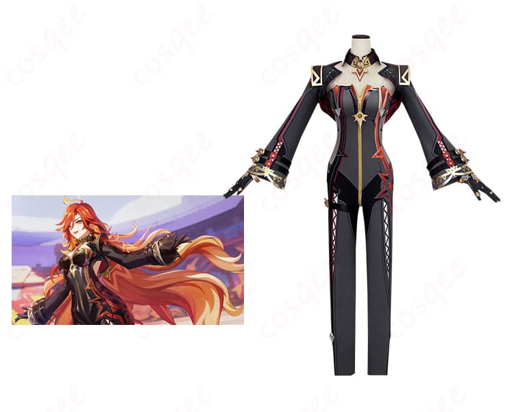 原神 マーヴィカ 炎神 コスプレ衣装の正面とキャラクターの融合画像。高い再現度で、炎神バージョンの魅力を完全に再現しています。