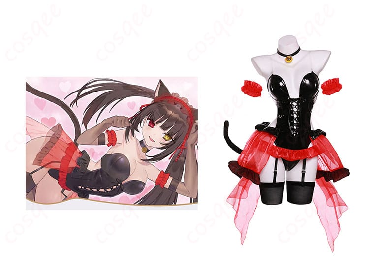 デート・ア・バレット 時崎狂三 猫耳コスプレ衣装の正面図。魅力的なデザインとリアルな再現度。