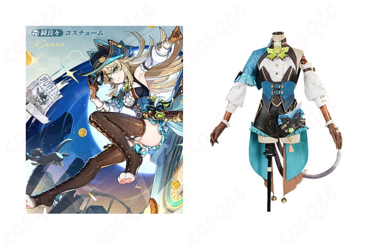 商品正面とキャラクター「綺良々」コスプレ衣装の組み合わせ画像 - 原神のキャラクター綺良々の「麗しき怪傑」コスプレ衣装。