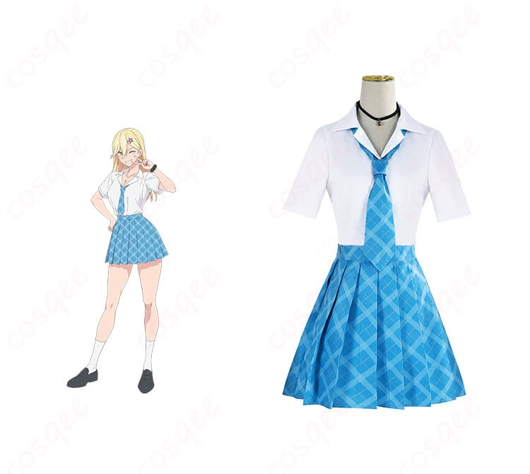 商品正面とキャラクター喜咲アリアのコスプレ衣装の組み合わせ。アニメ「2.5次元の誘惑」の忠実再現コスプレ衣装。