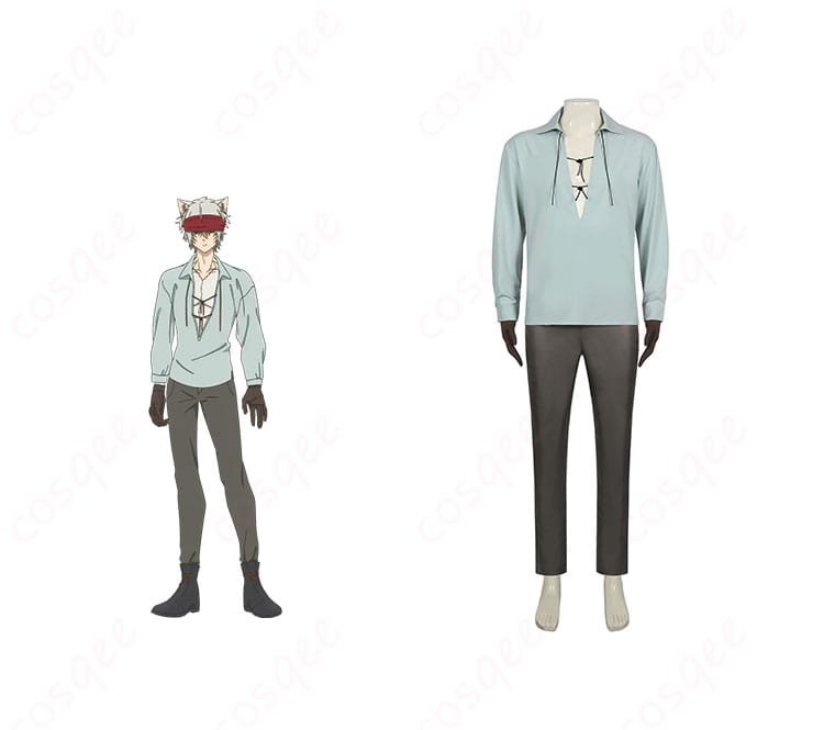 商品正面とキャラクターの組み合わせ画像、ばいばい、アースのクエスティオン=アドニス コスプレ衣装。コスプレ衣装の全体像。