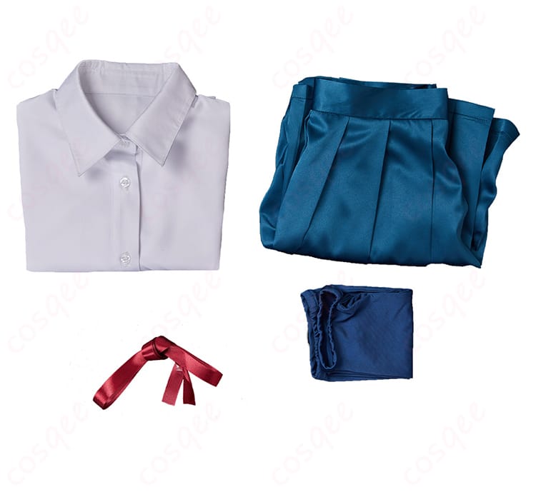 セット内容全体を示す画像。シャツ、スカート、リボン、靴下が全て確認できます。