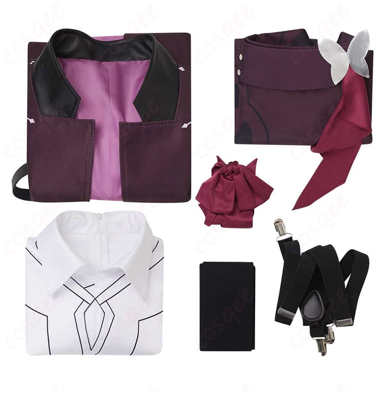 崩壊:スターレイル カフカ コスプレ衣装 ちびネコシリーズ 付属品一式の展示。コート、シャツ、スカーフ、靴下、サスペンダーが揃っている。