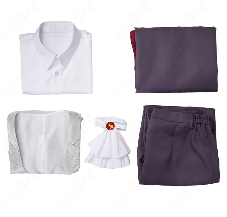 ダンジョン飯 ミスルン 吸血鬼 コスプレ衣装のセット内容を紹介。シャツ、ベスト、ズボン、マント、スカーフが含まれています。