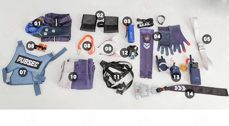 ゼンレスゾーンゼロ セス・ローウェル コスプレ衣装のセット内容を紹介する画像。全てのパーツが一目でわかります。