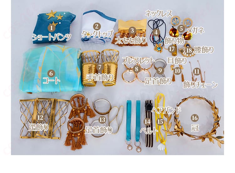 セット内容を展示した画像。フィオナ・ジルマンのコスプレ衣装に含まれるすべてのアイテムが表示されています。