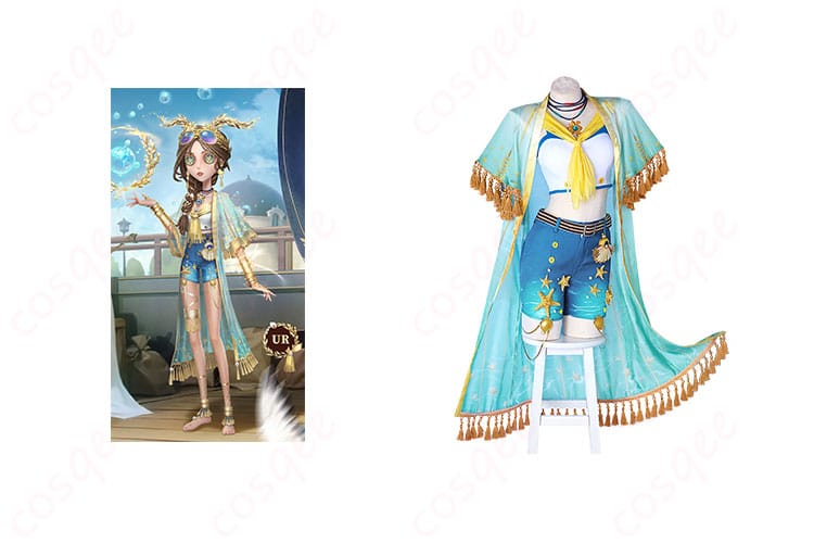 商品正面とフィオナ・ジルマンキャラクターを合わせたコスプレ衣装の画像。忠実に再現されたデザインとディテールが特徴。