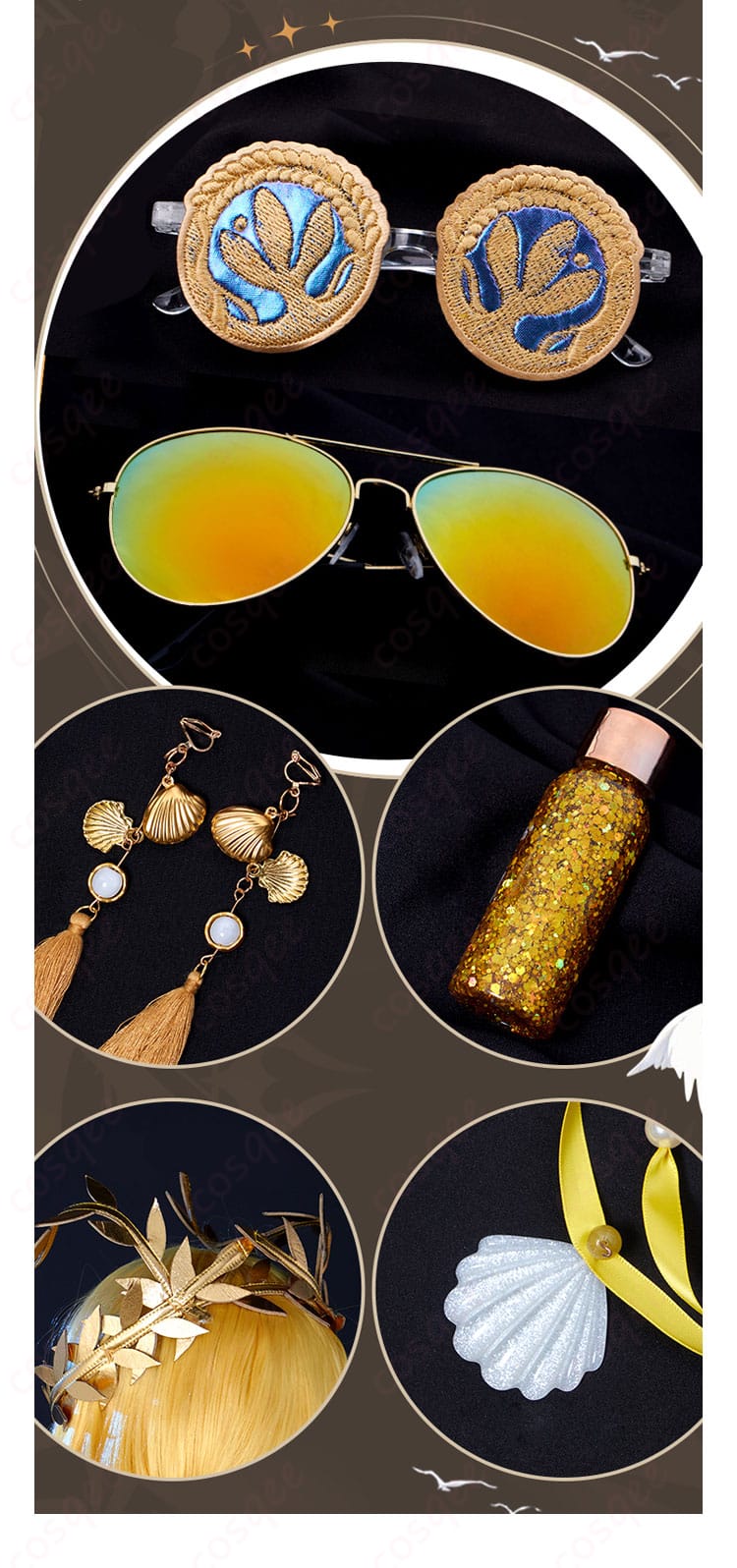 耳飾り、眼鏡、ヘアアクセサリーの装飾の詳細。コスプレ衣装に合わせた小物の装飾を紹介。