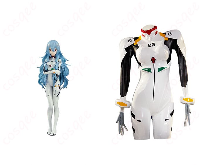 商品正面とキャラクターの組み合わせ画像 - エヴァ新劇場版 綾波レイ コスプレ衣装の正面をキャラクターと一緒に再現した画像です。詳細をご覧ください。