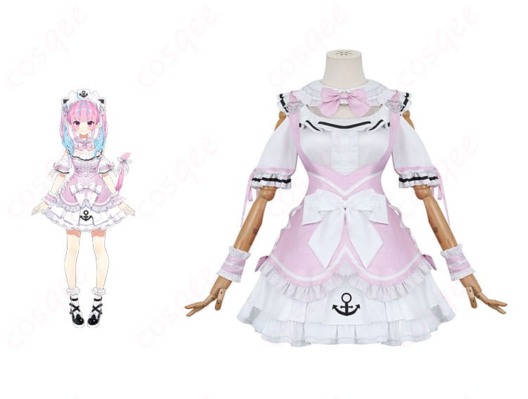 ホロライブ湊あくあのピンクメイドコスプレ衣装の正面とキャラクターの組み合わせ画像