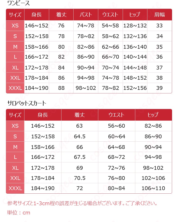 湊あくあピンクメイドコスプレ衣装のサイズガイド画像
