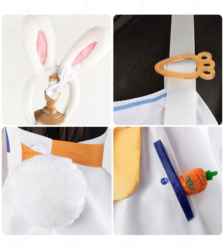 ホロライブ ぺこらマミー コスプレ衣装の髪飾りと服のアクセサリー詳細画像。ぺこらマミーの魅力を引き立てる小物。