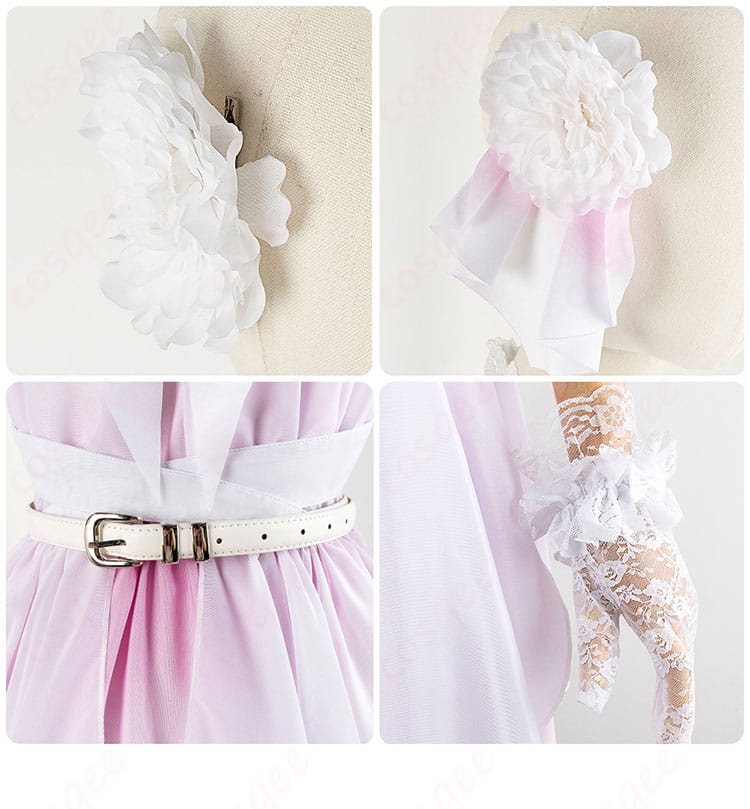 ヘッドアクセサリー、手袋、腰部装飾ディテール。キャラクターコスプレ衣装の細部をアップで表示。