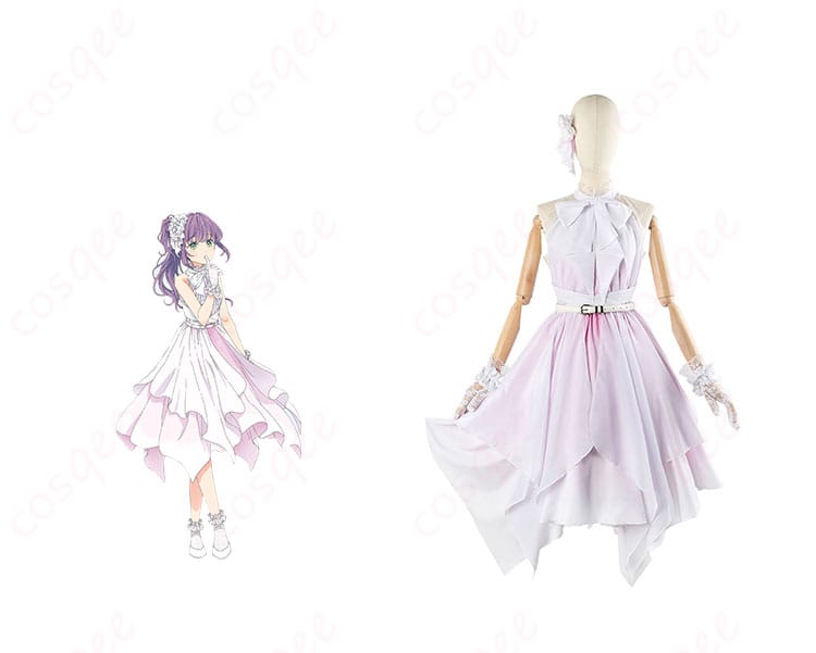 商品正面とキャラクターのイメージが合成されたコスプレ衣装の全体像。日野下花帆と乙宗梢の「Link to the FUTURE」コスプレ。