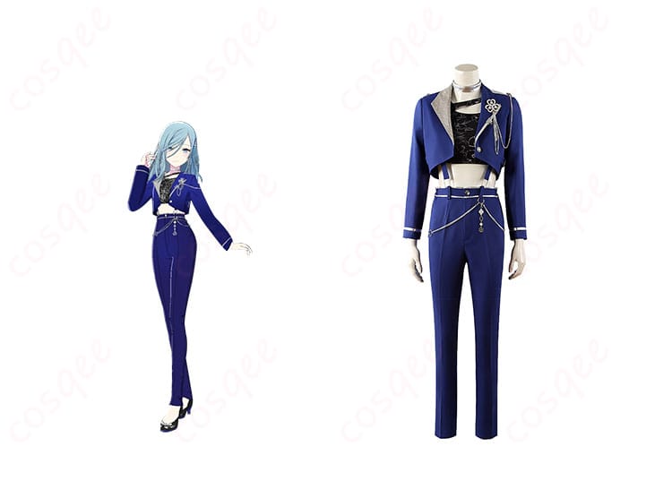 「プロジェクトセカイ カラフルステージ! feat. 初音ミク 日野森雫 コスプレ衣装 正面とキャラクターが一緒に写っているシーン。詳細な衣装デザインを確認できます。」