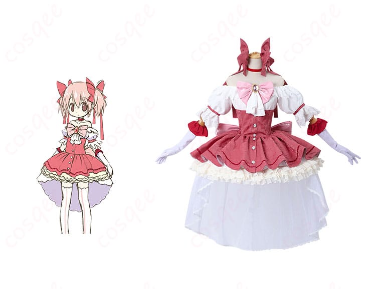 商品正面とキャラクターの組み合わせ画像 - 劇場版 魔法少女まどか☆マギカ 鹿目まどか コスプレ衣装 新衣装ドレス。キャラクターとの美しいコラボで、よりリアルな魔法少女体験をお楽しみください。