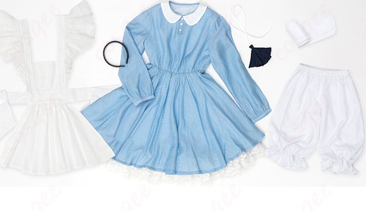 カードキャプターさくら 木之本桜 コスプレ衣装 アリス メイド服 セット内容の紹介画像。ワンピース、エプロン、カチューシャなど、全てが完璧に再現。