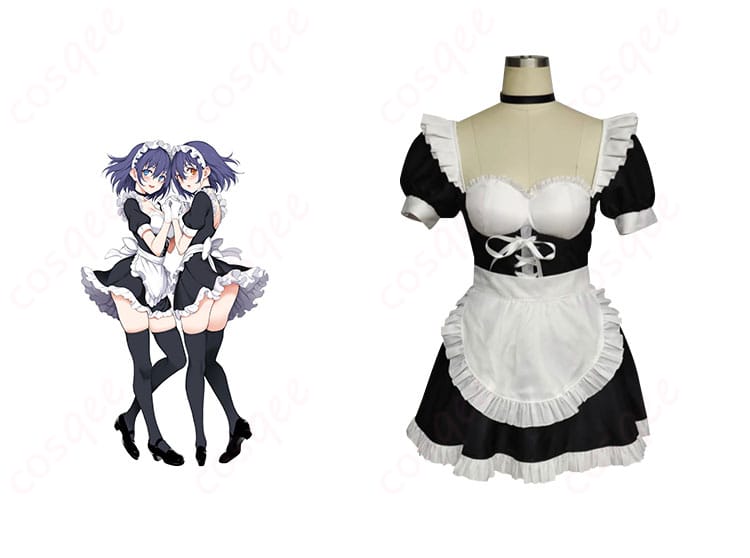 メイド楓と鈴 コスプレ衣装 星月楓・星月鈴 メイド服 正面図。キャラクターと衣装のディテールがしっかり再現されており、コスプレイベントにぴったり!