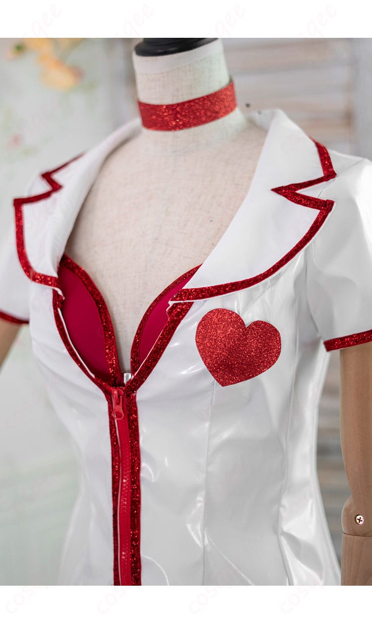 ナースコスプレ衣装の美しい領口装飾。丁寧な仕上げとデザインで、衣装のディテールが引き立ちます。