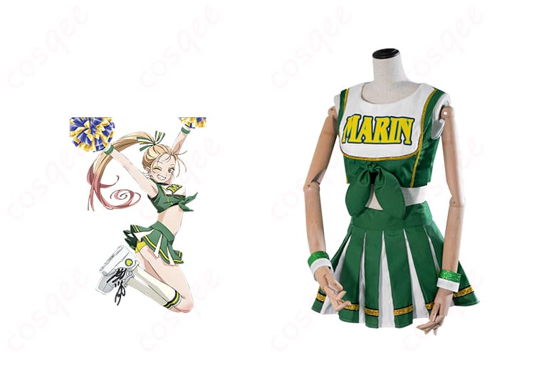 商品正面とキャラクターの融合画像 - 喜多川海夢のチアガールコスプレ衣装。アニメ「その着せ替え人形は恋をする」のキャラクターとリアルに再現された衣装の組み合わせ。コスプレ通販でゲット!