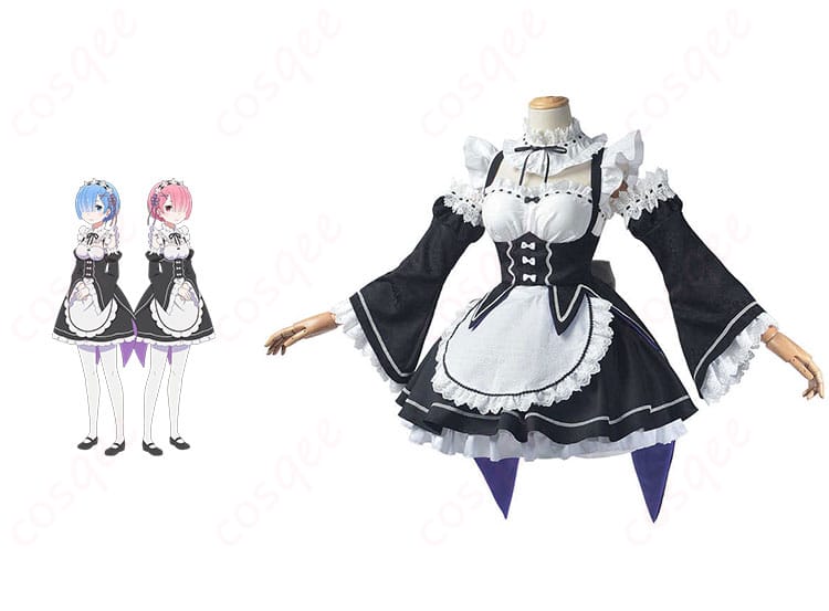 Re:ゼロ レム・ラム コスプレ衣装 メイド服 正面とキャラクター人物合わせた図 - 忠実再現の高品質コスプレ衣装