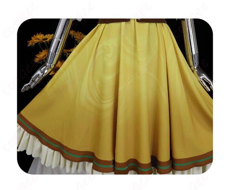 白石杏コスプレ衣装のスカート部分の装飾ディテール。可愛らしい花柄とリボンの装飾が美しく再現されています。