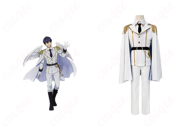 商品正面とキャラクターのイラストを合わせた画像。ブルーロック 潔世一 コスプレ衣装 天使ver.を忠実に再現したデザイン。