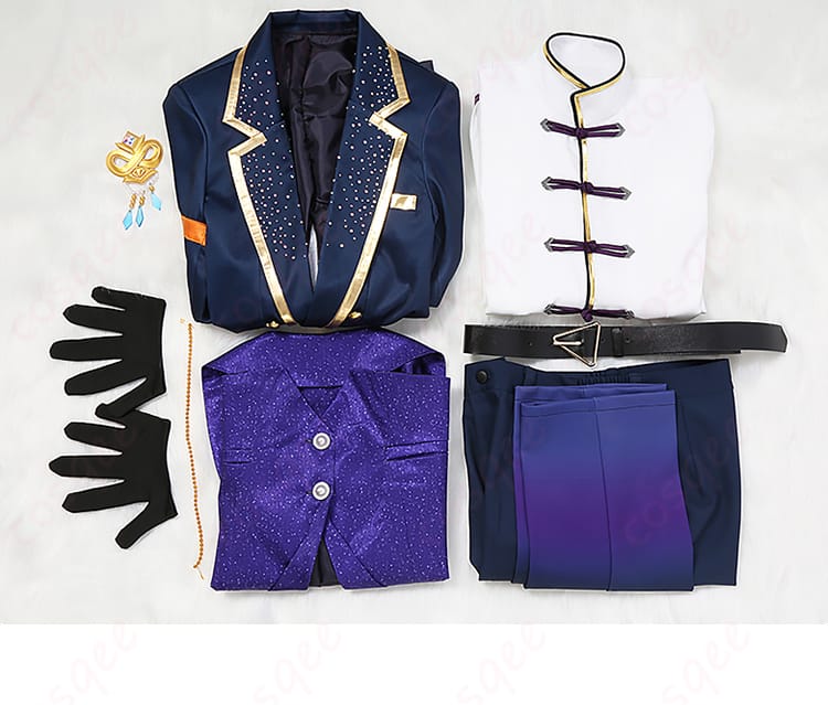 あんスタ 逆先夏目 コスプレ衣装 セット内容展示図。コート、ベスト、シャツなど、全てのアイテムがセットになっています。