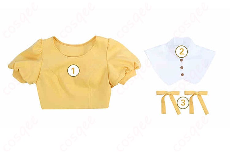 大道寺知世のコスプレ衣装のセット内容。ワンピース、つけ襟、髪飾りが含まれています。