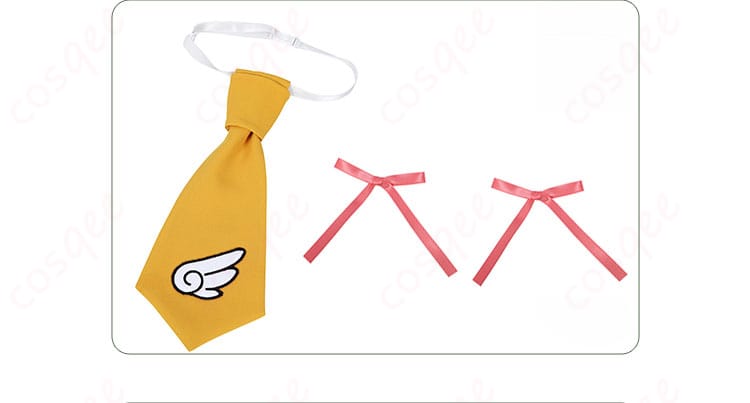 木之本桜 コスプレ衣装 髪飾りとネクタイのディテール - 完璧に再現されたキャラクターのアクセサリー。