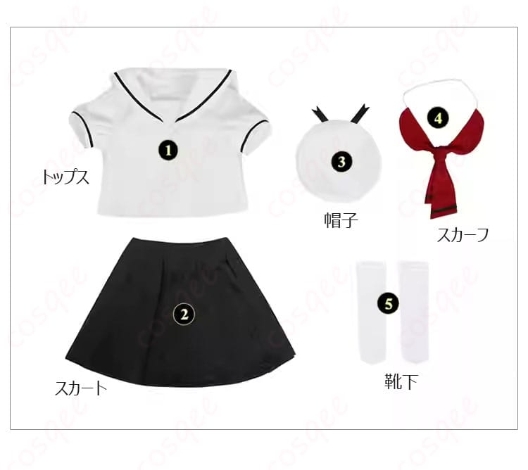 セット内容を紹介する画像。コスプレ衣装の各アイテム(トップス、スカート、帽子など)を表示。