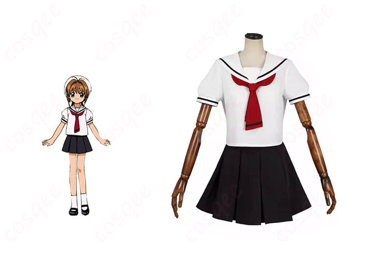 商品正面とキャラクター木之本桜とのコスプレ衣装の組み合わせイメージ。忠実再現された夏服制服を着た木之本桜の姿。